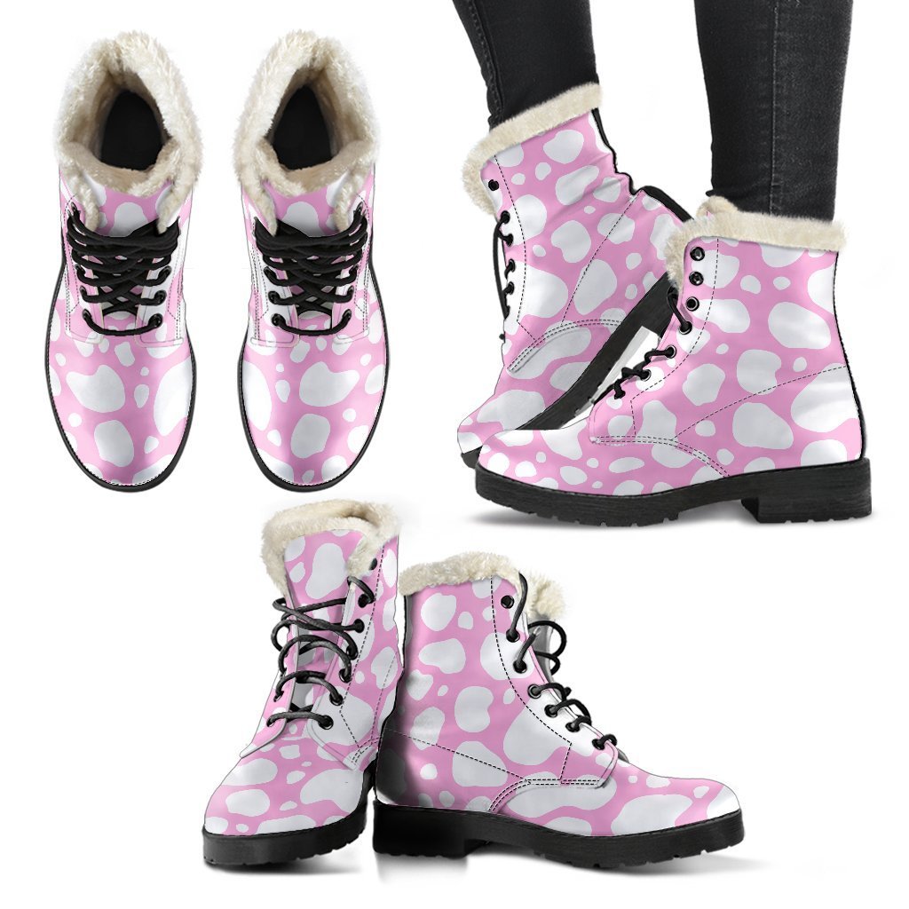 White and Pink Cow Print Faux Fur Leather Boots: Groovy Vibes for Modern Hippies - 2