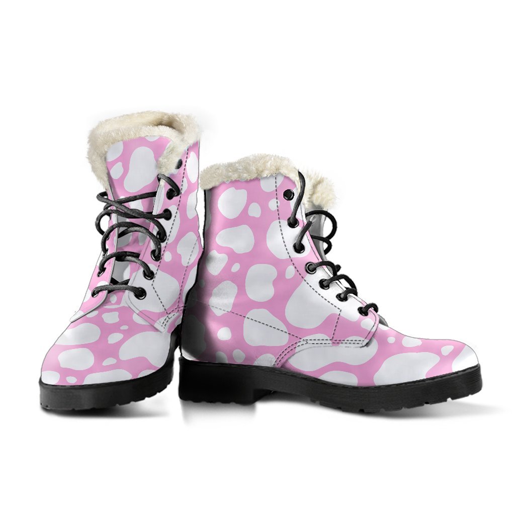 White and Pink Cow Print Faux Fur Leather Boots: Groovy Vibes for Modern Hippies - 3