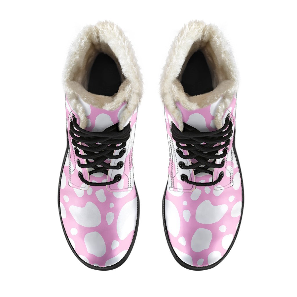 White and Pink Cow Print Faux Fur Leather Boots: Groovy Vibes for Modern Hippies - 4