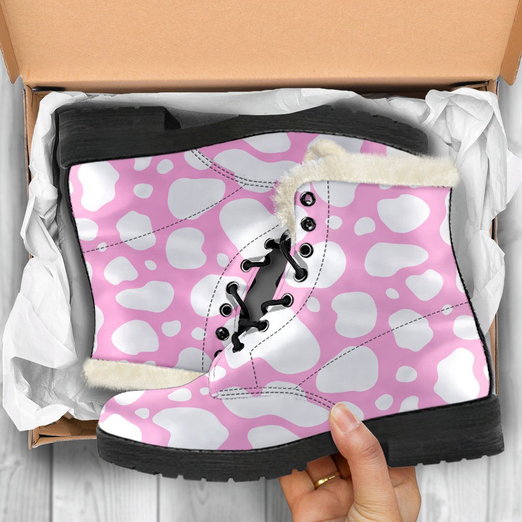 White and Pink Cow Print Faux Fur Leather Boots: Groovy Vibes for Modern Hippies - 5