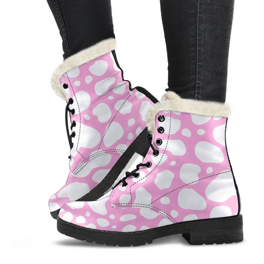 White and Pink Cow Print Faux Fur Leather Boots: Groovy Vibes for Modern Hippies - 1