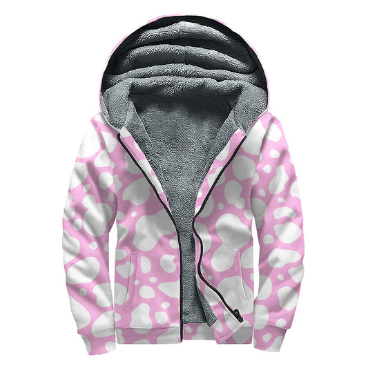 White and Pink Cow Print Hippie Sherpa Lined Zip Up Hoodie - 1