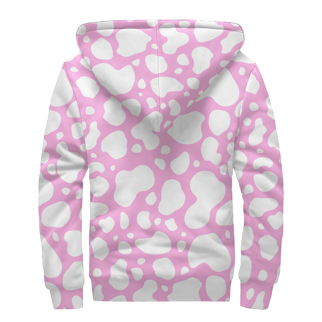 White and Pink Cow Print Hippie Sherpa Lined Zip Up Hoodie - 2