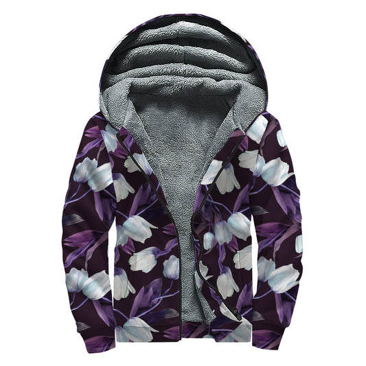 White and Purple Tulip Bliss Sherpa Lined Zip Up Hoodie for Groovy Hippies - 1