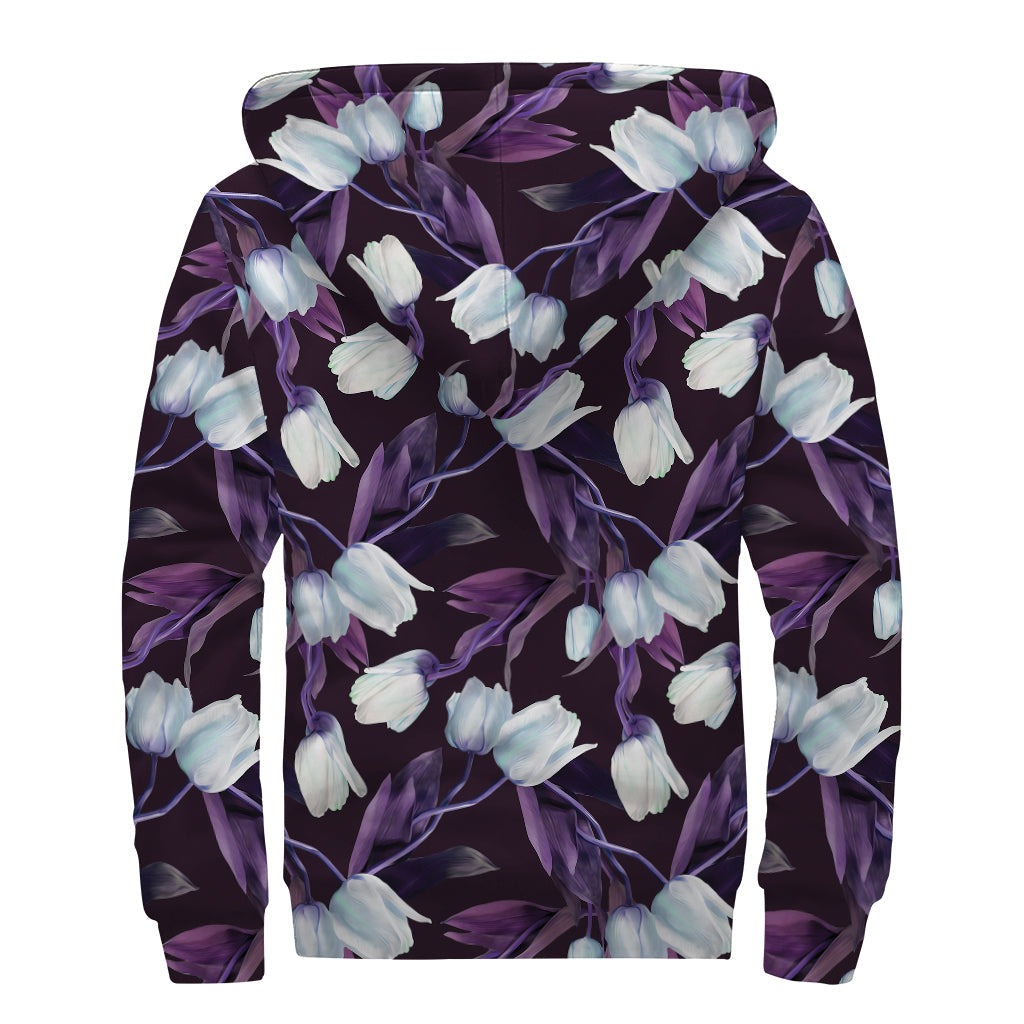 White and Purple Tulip Bliss Sherpa Lined Zip Up Hoodie for Groovy Hippies - 2