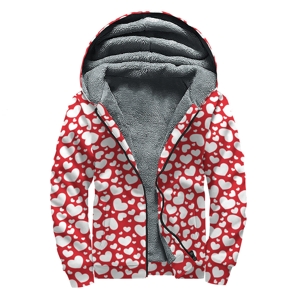 White and Red Heart Pattern Sherpa-Lined Zip Up Hoodie: Embrace Your Inner Hippie Style - 1