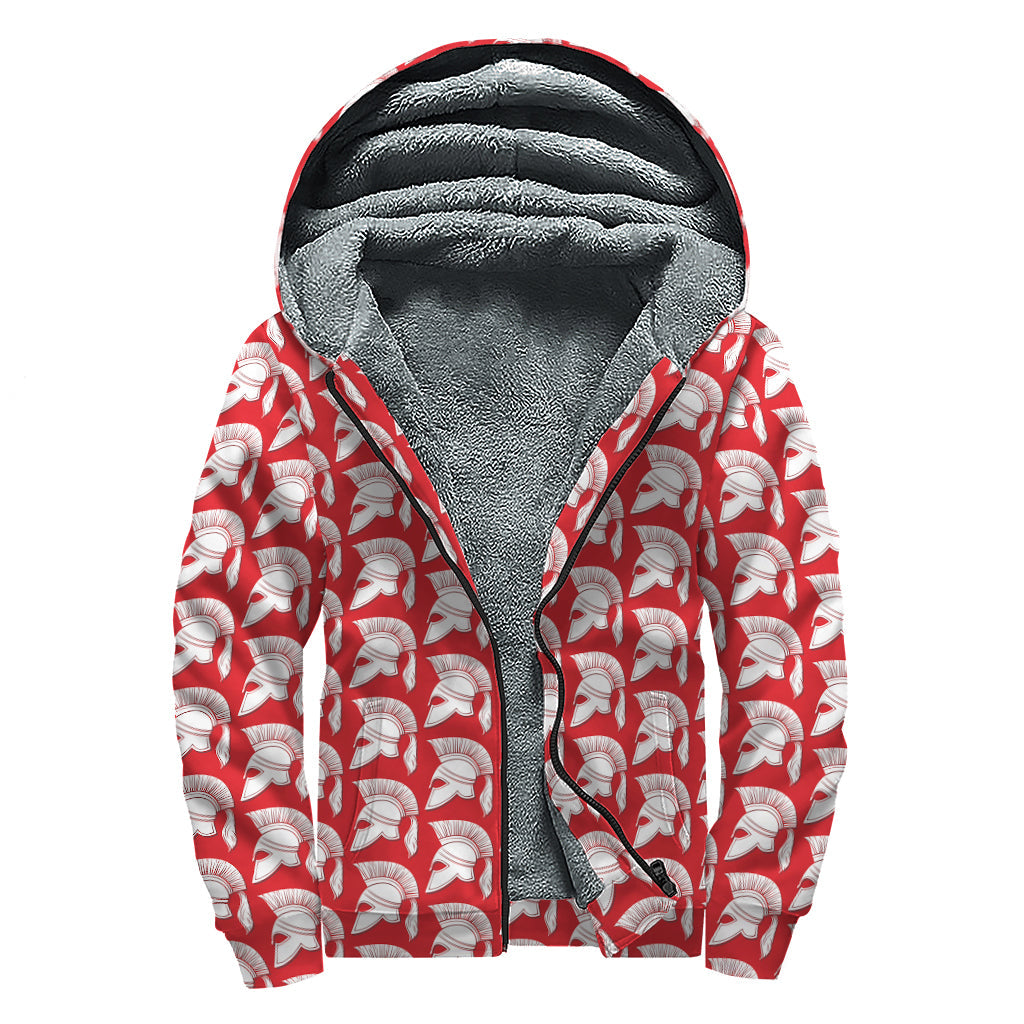 White and Red Spartan Pattern Print Sherpa Lined Zip Up Hoodie for the Free-Spirited Hippie - 1