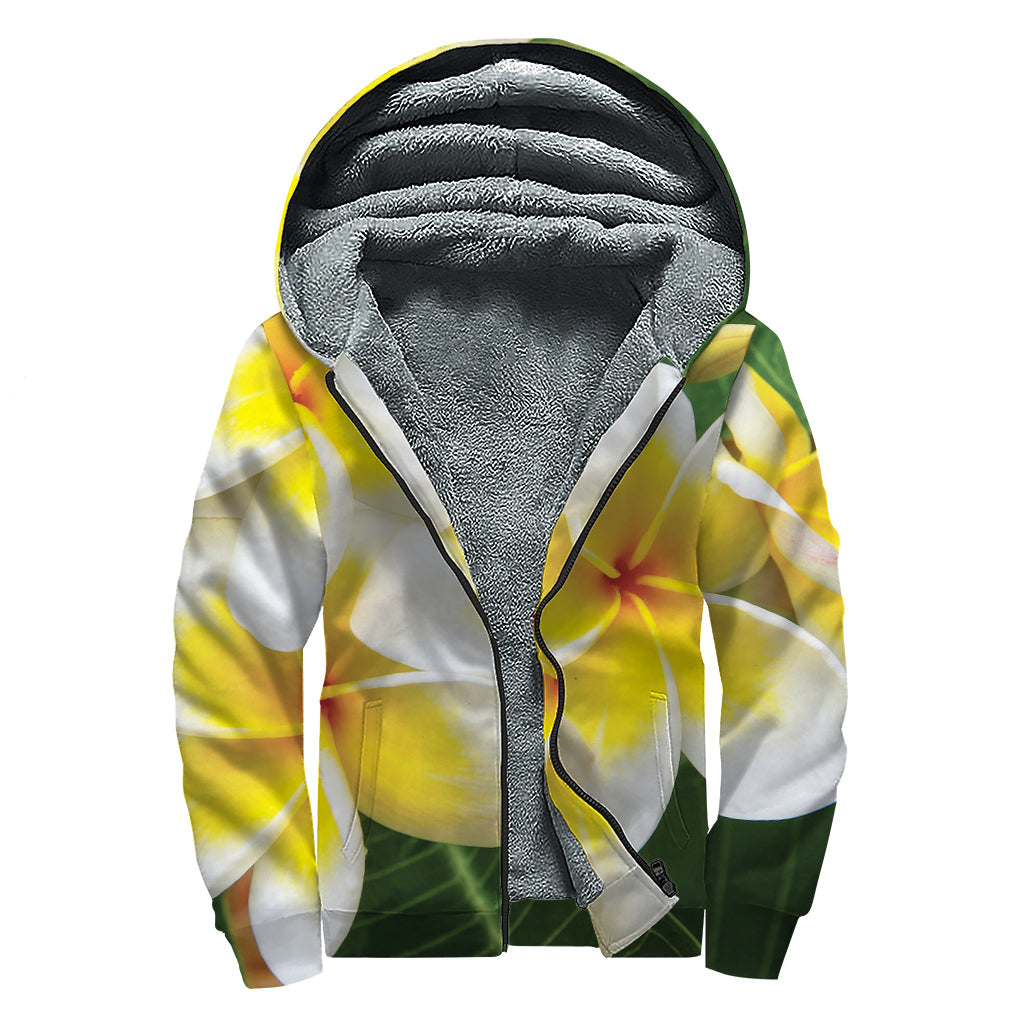 Groovy White and Yellow Plumeria Flower Print Sherpa Lined Zip Up Hoodie - 1