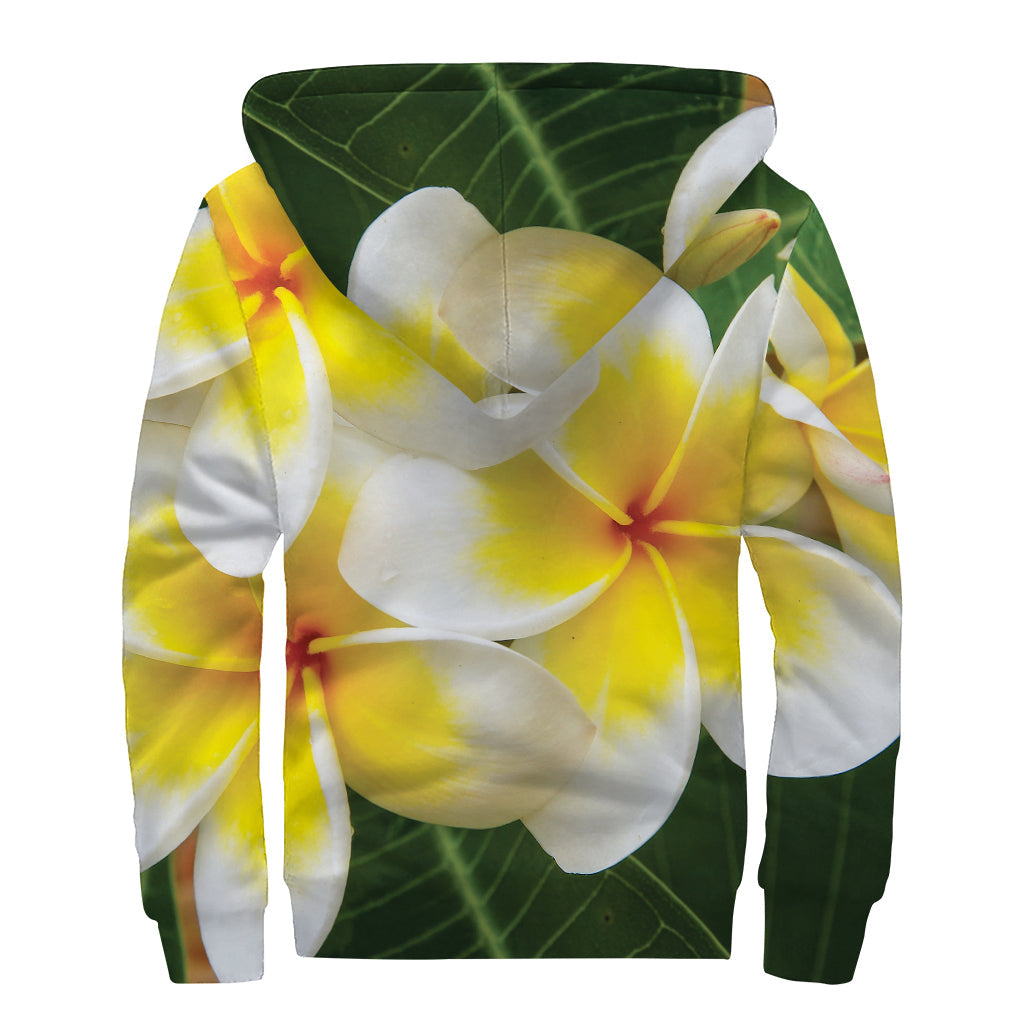 Groovy White and Yellow Plumeria Flower Print Sherpa Lined Zip Up Hoodie - 2