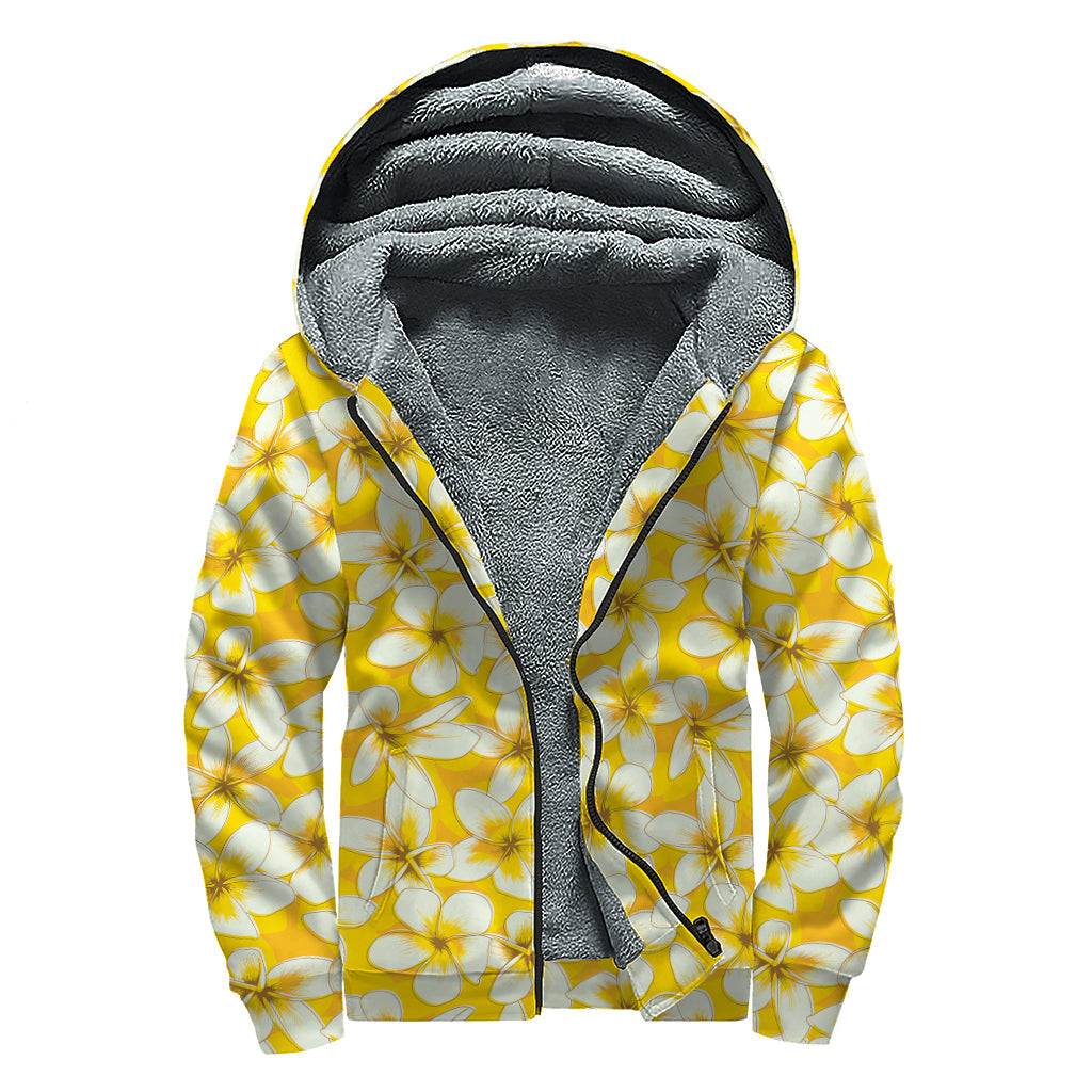 White and Yellow Plumeria Pattern Print Sherpa Lined Zip Up Hoodie: Channel Your Inner Hippie Style - 1