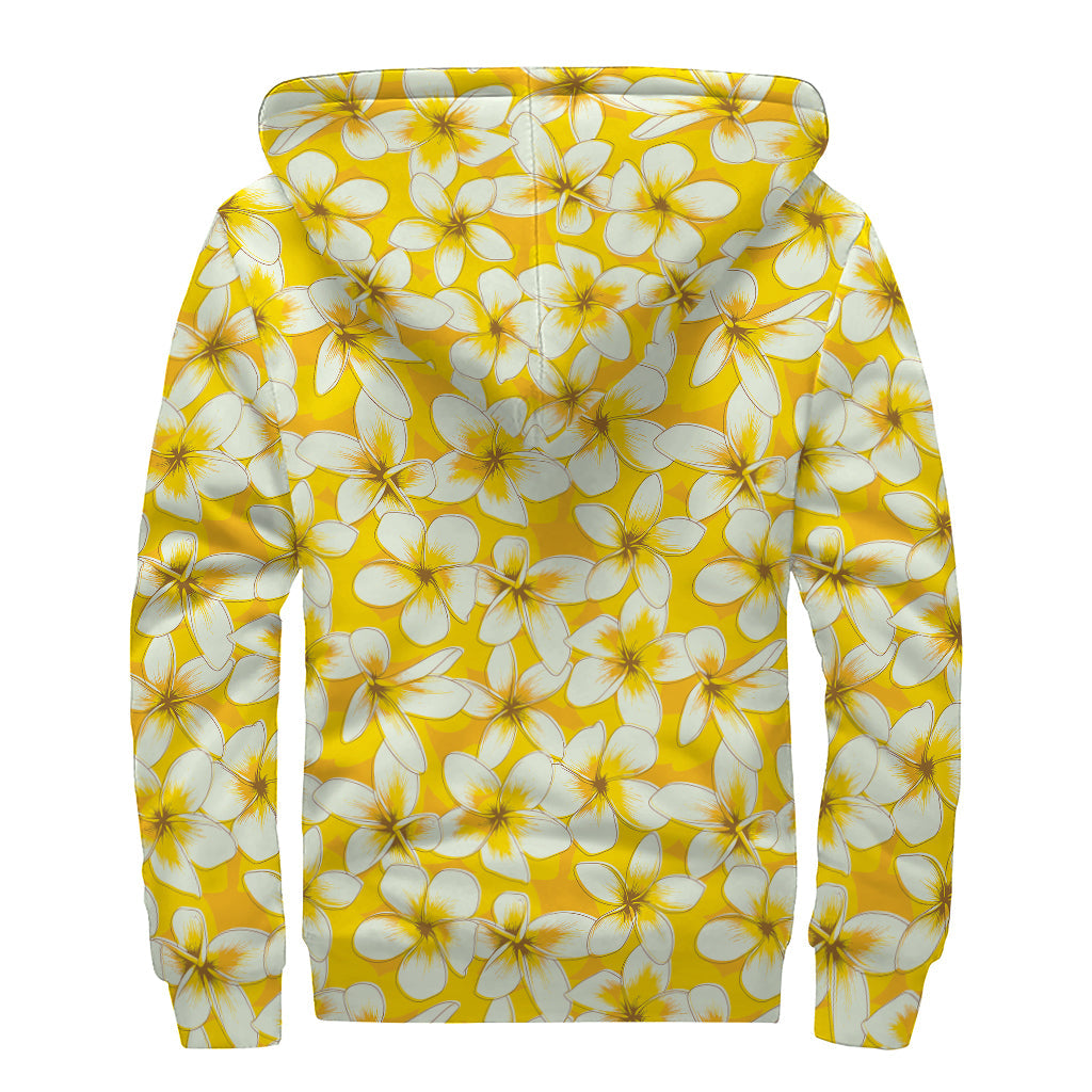 White and Yellow Plumeria Pattern Print Sherpa Lined Zip Up Hoodie: Channel Your Inner Hippie Style - 2