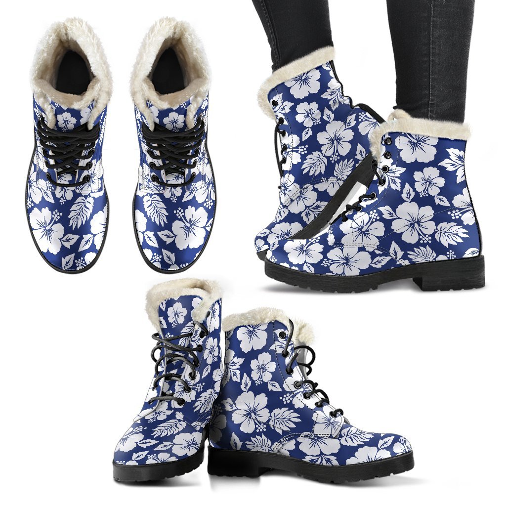 Boho Chic Vibes: White Blue Hibiscus Floral Faux Fur Leather Boots - 2