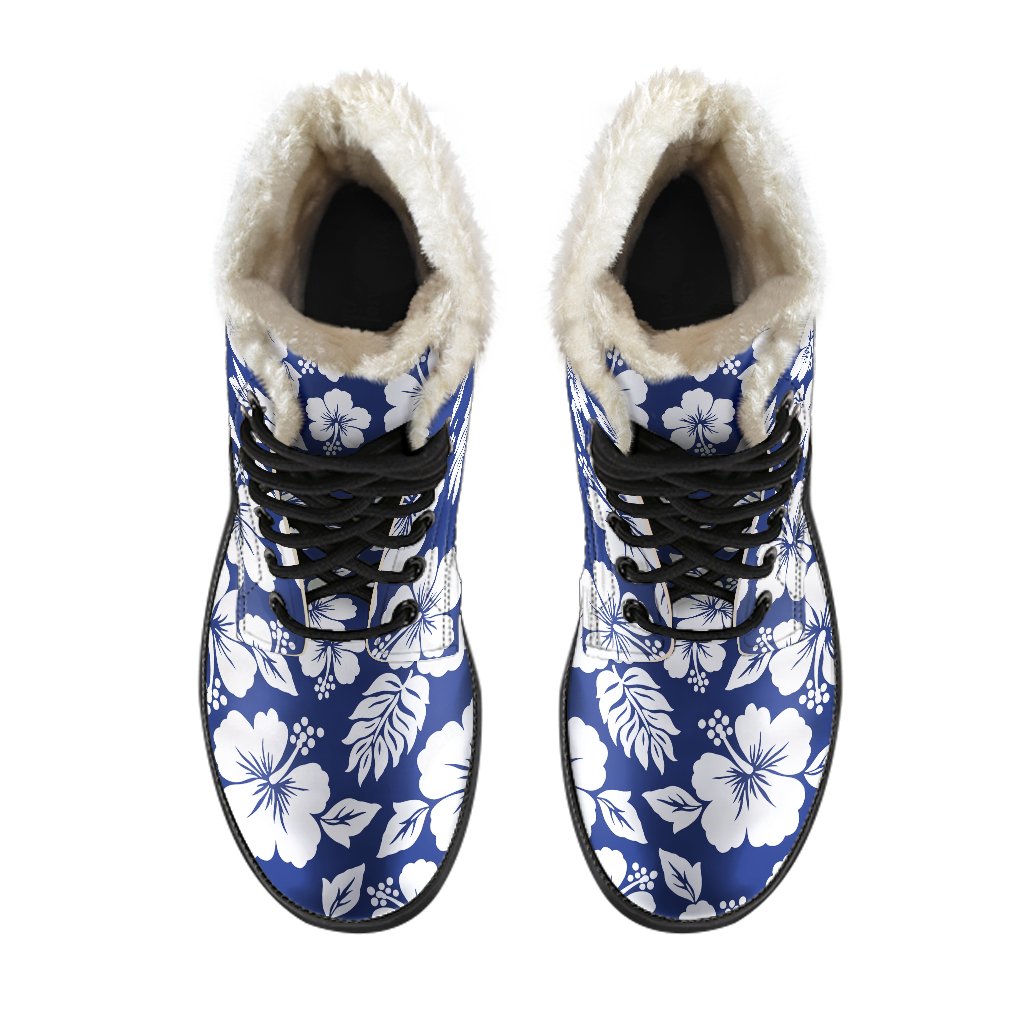 Boho Chic Vibes: White Blue Hibiscus Floral Faux Fur Leather Boots - 4