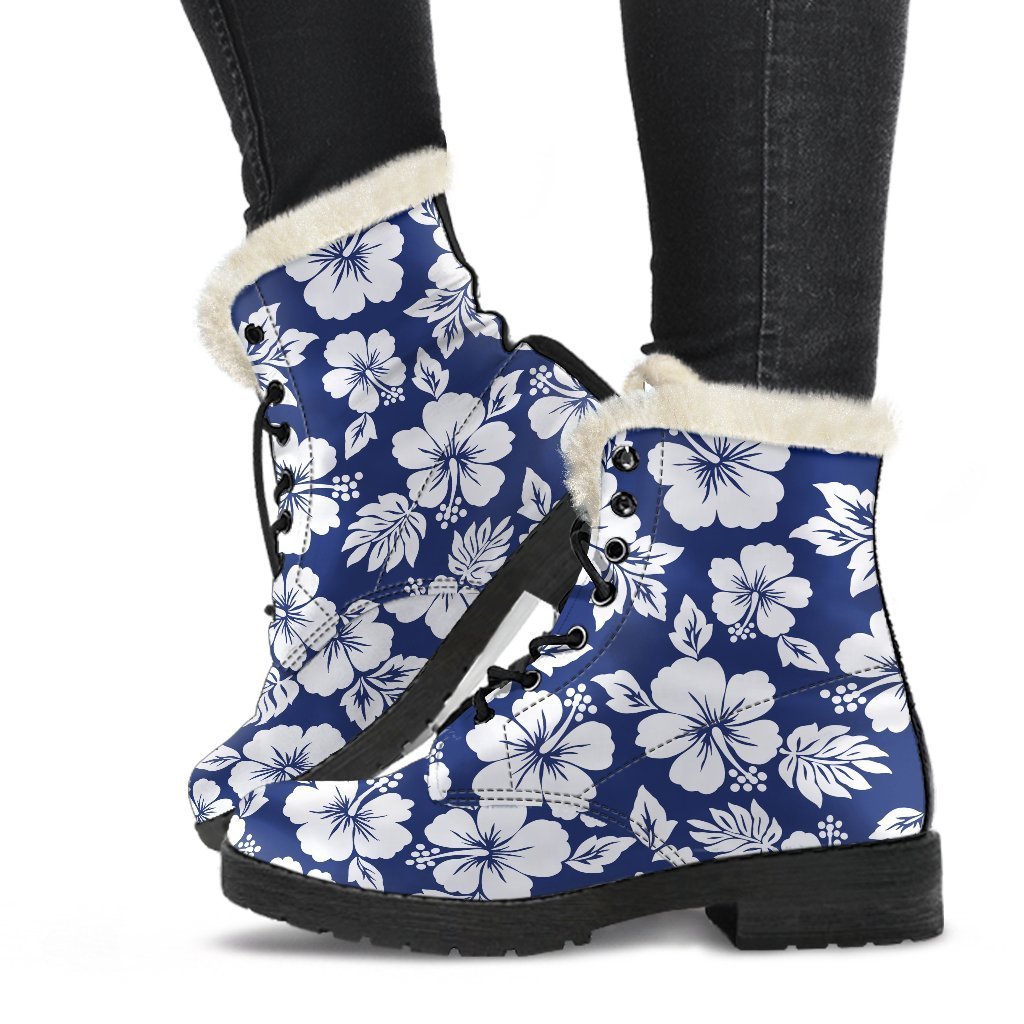 Boho Chic Vibes: White Blue Hibiscus Floral Faux Fur Leather Boots - 1