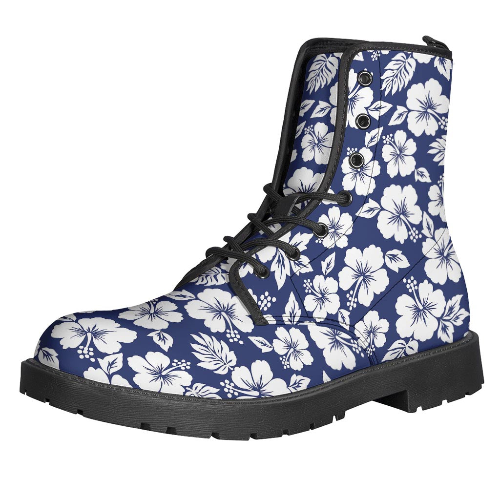 White & Blue Hibiscus Floral Pattern Leather Boots - Perfect for Peaceful Hippies! - 1