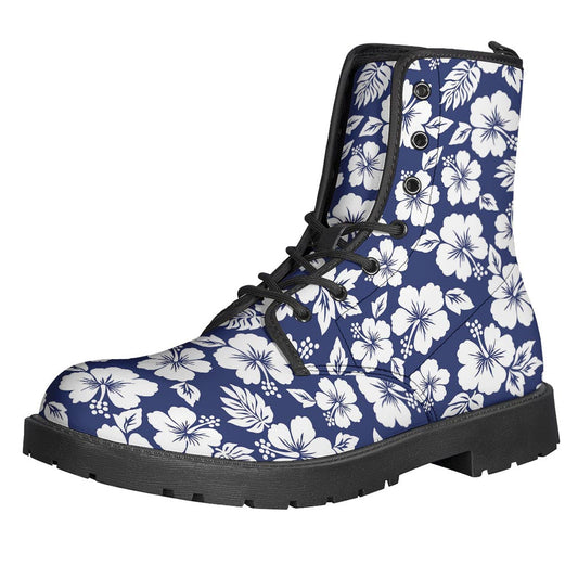 White & Blue Hibiscus Floral Pattern Leather Boots - Perfect for Peaceful Hippies! - 1