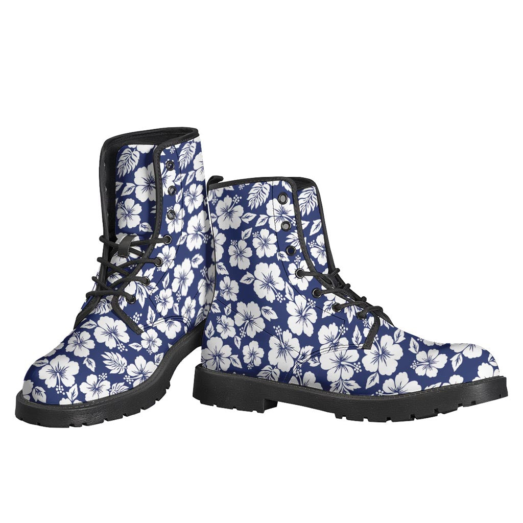 White & Blue Hibiscus Floral Pattern Leather Boots - Perfect for Peaceful Hippies! - 3