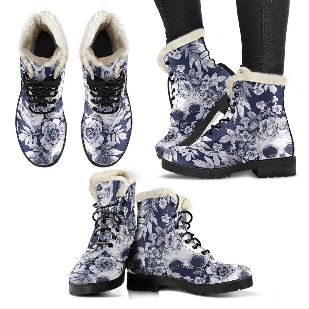 Groovy White and Blue Skull Floral Pattern Faux Fur Leather Boots - 2