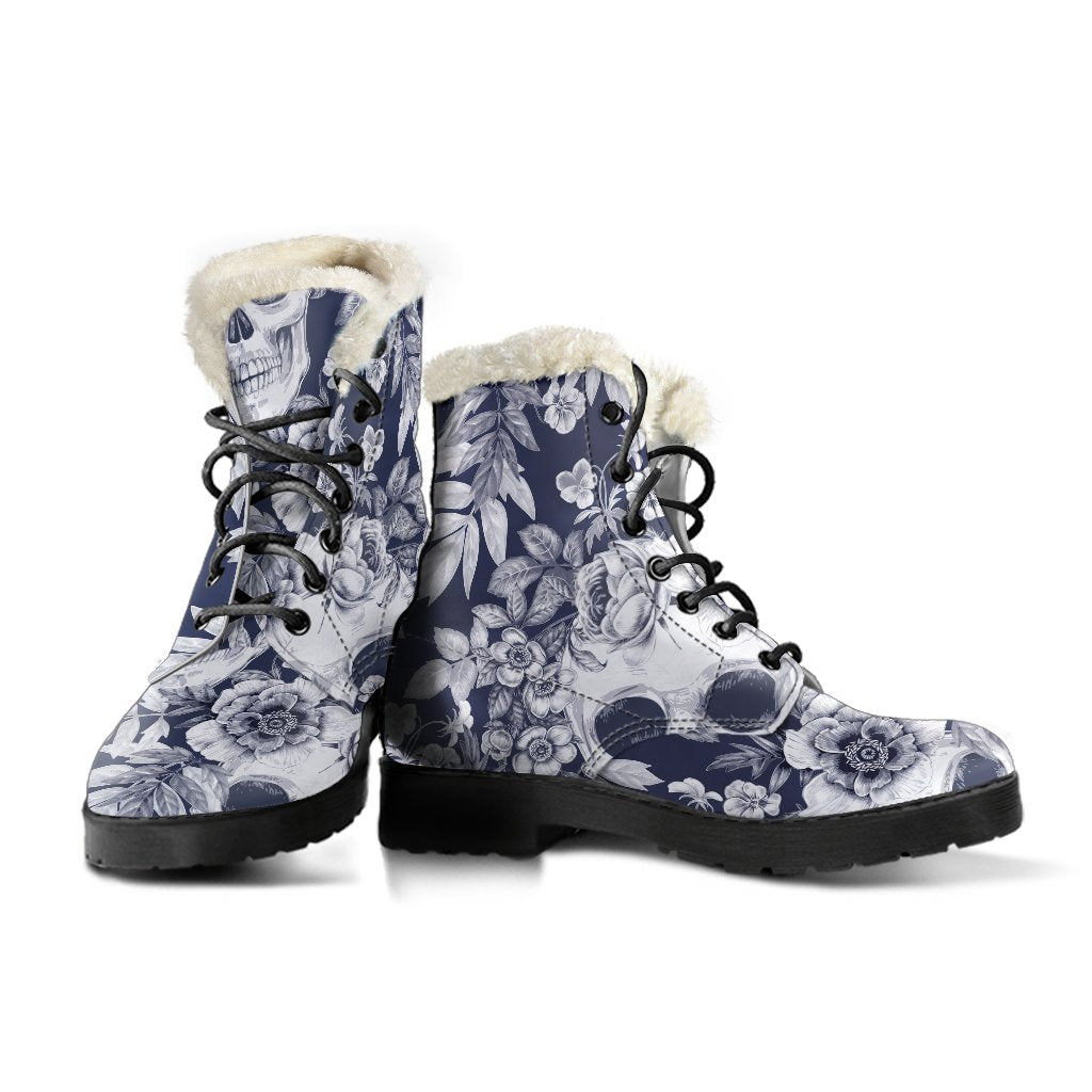 Groovy White and Blue Skull Floral Pattern Faux Fur Leather Boots - 3