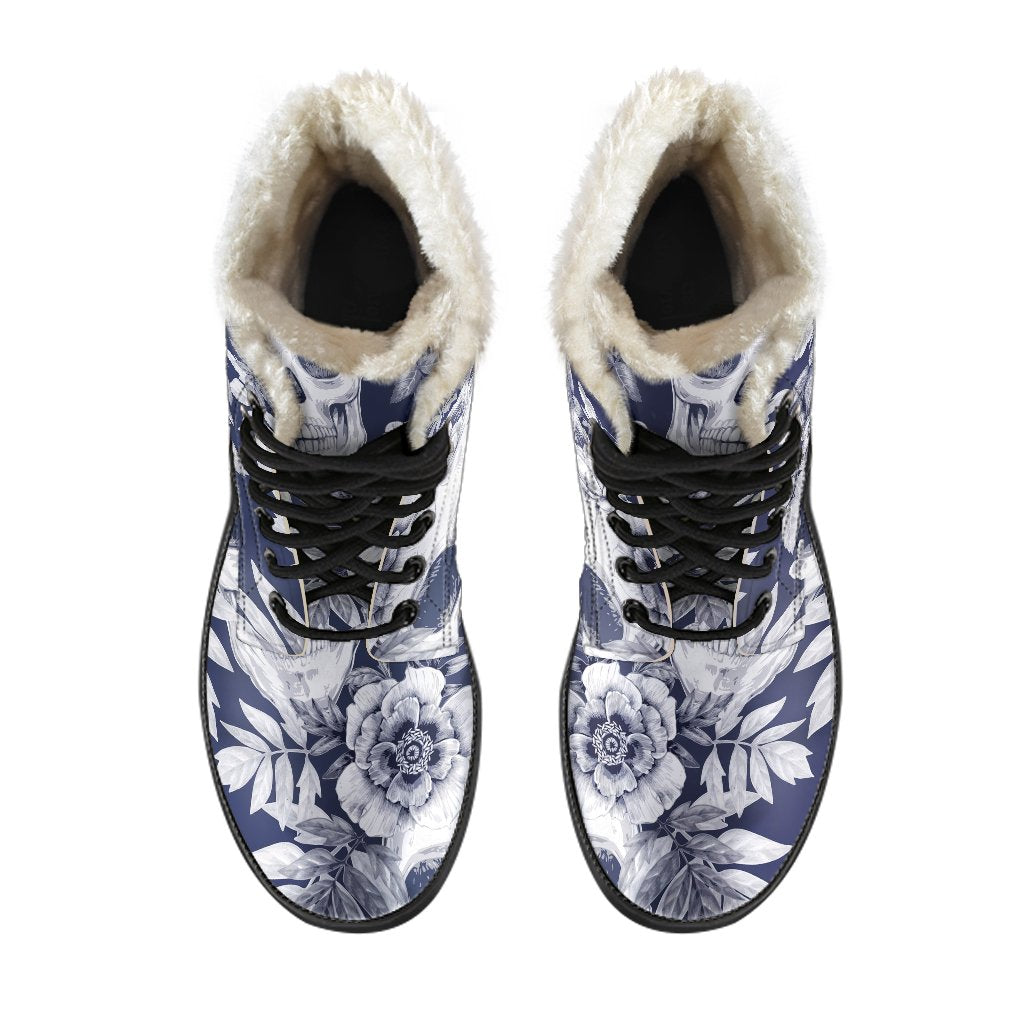 Groovy White and Blue Skull Floral Pattern Faux Fur Leather Boots - 4