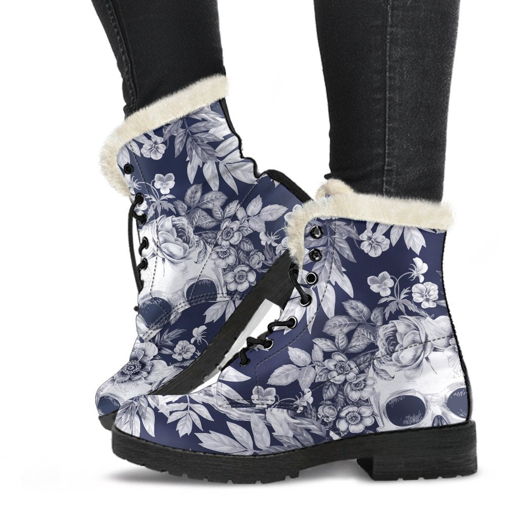 Groovy White and Blue Skull Floral Pattern Faux Fur Leather Boots - 1