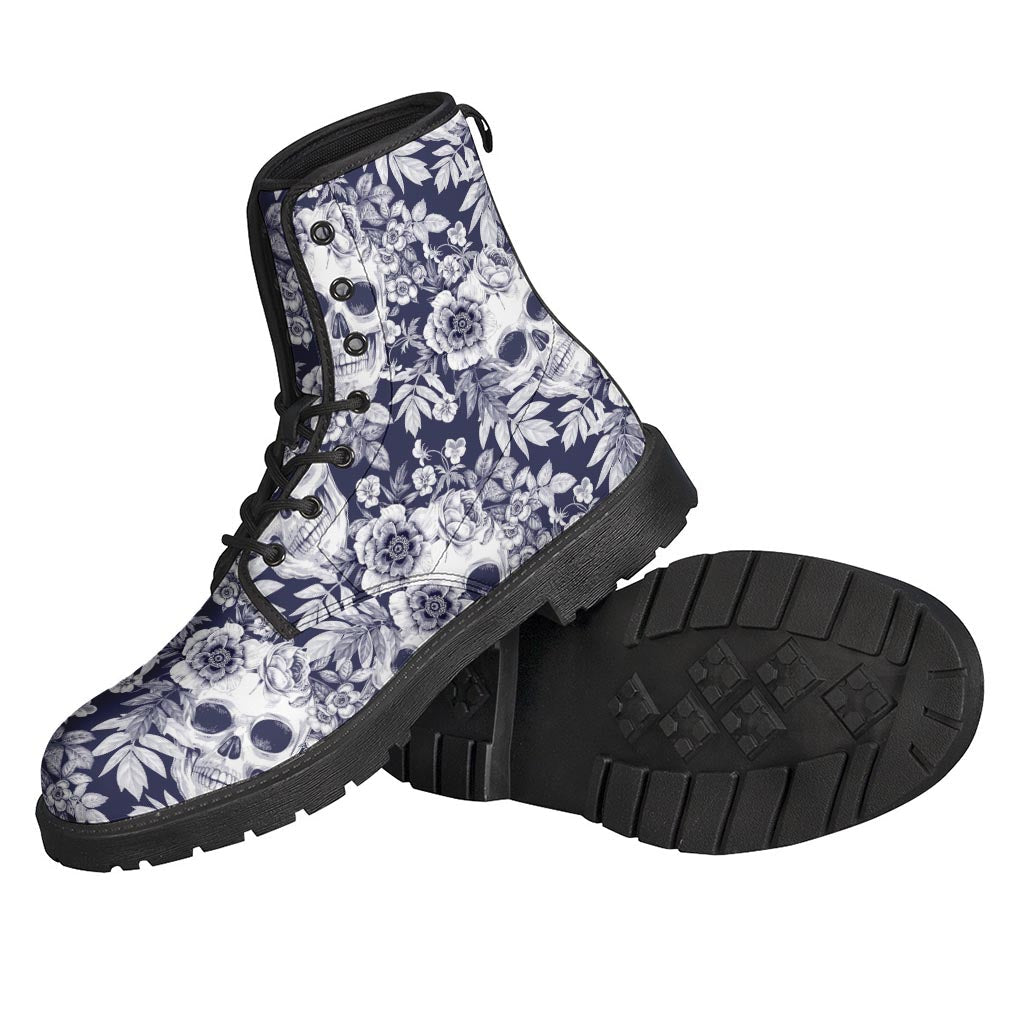 White Blue Skull Floral Pattern Leather Lightweight Boots for Hippies - 2