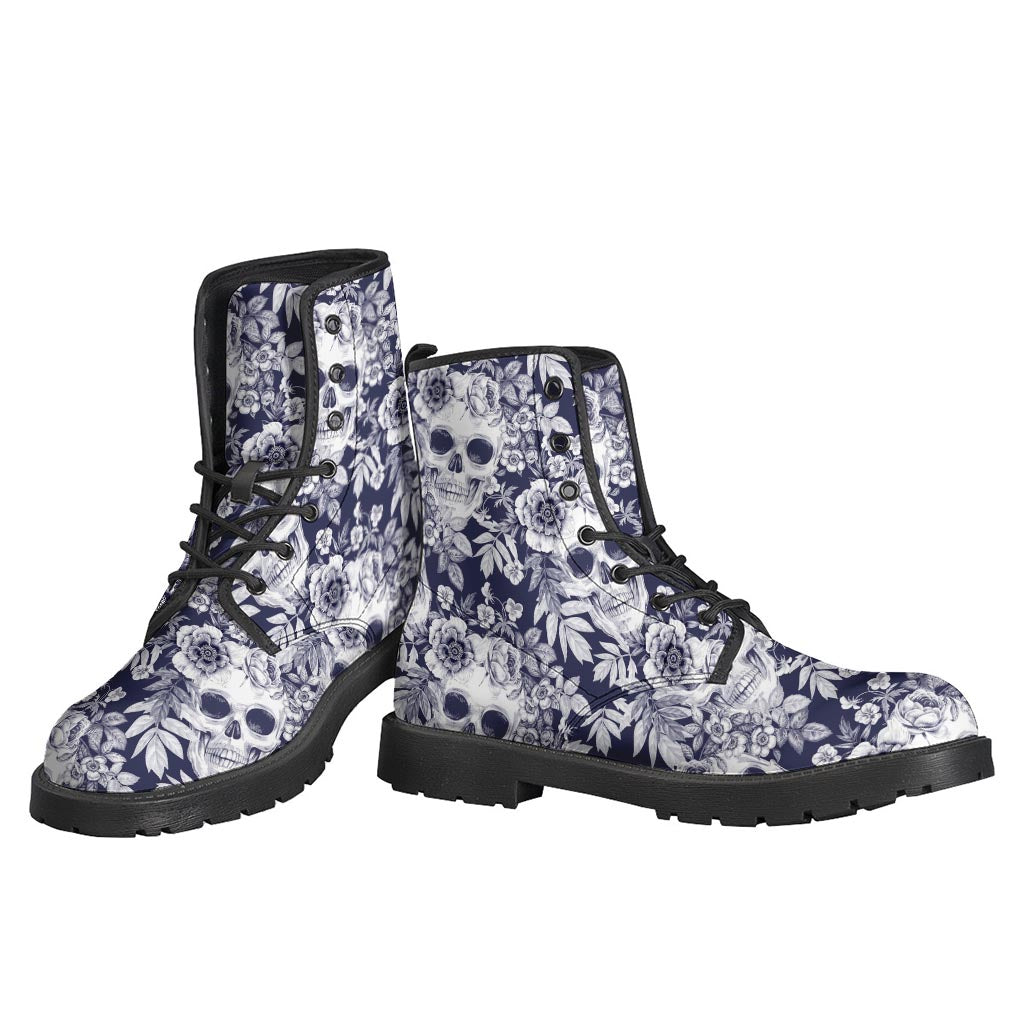 White Blue Skull Floral Pattern Leather Lightweight Boots for Hippies - 3