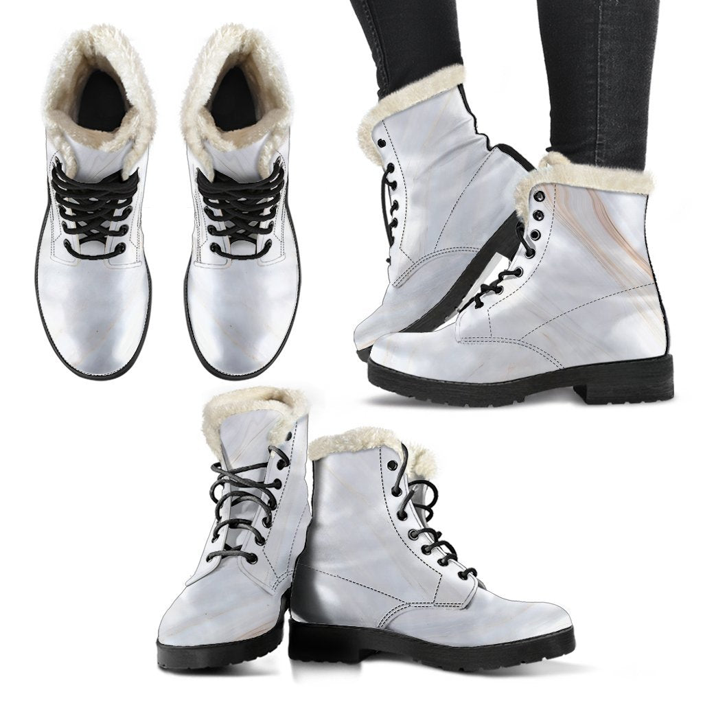 Groovy Vibes: White and Brown Smooth Marble Print Faux Fur Leather Boots for the Trendy Hippie - 2