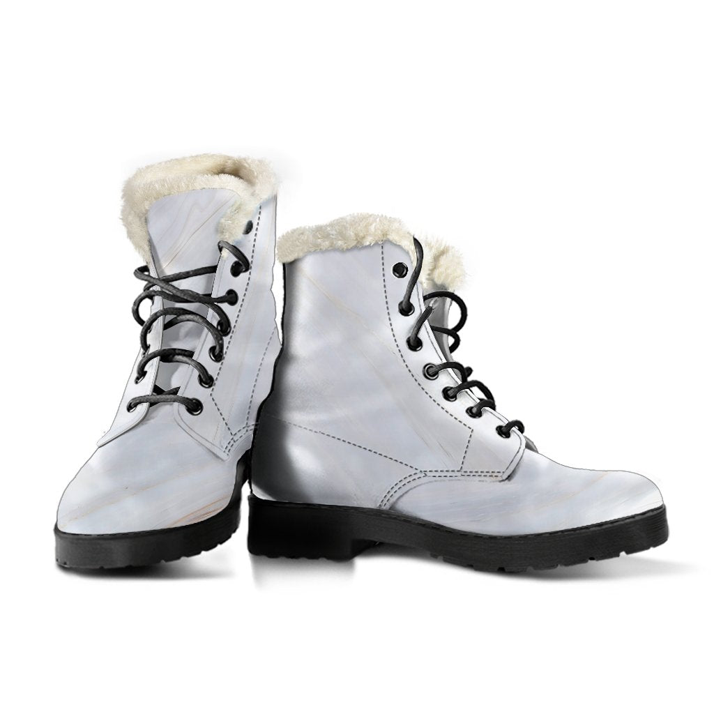 Groovy Vibes: White and Brown Smooth Marble Print Faux Fur Leather Boots for the Trendy Hippie - 3