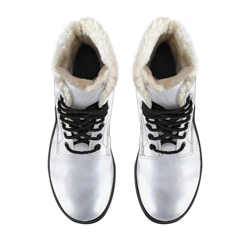 Groovy Vibes: White and Brown Smooth Marble Print Faux Fur Leather Boots for the Trendy Hippie - 4