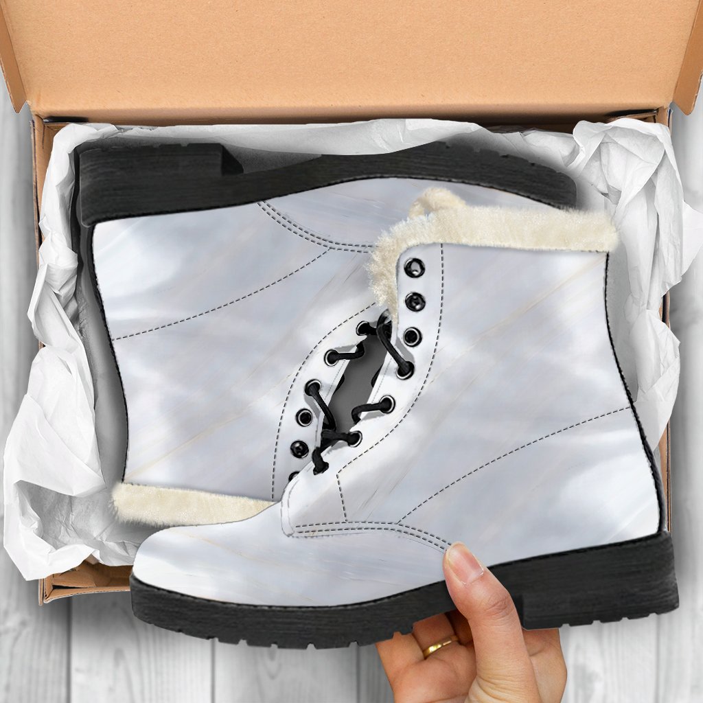 Groovy Vibes: White and Brown Smooth Marble Print Faux Fur Leather Boots for the Trendy Hippie - 5