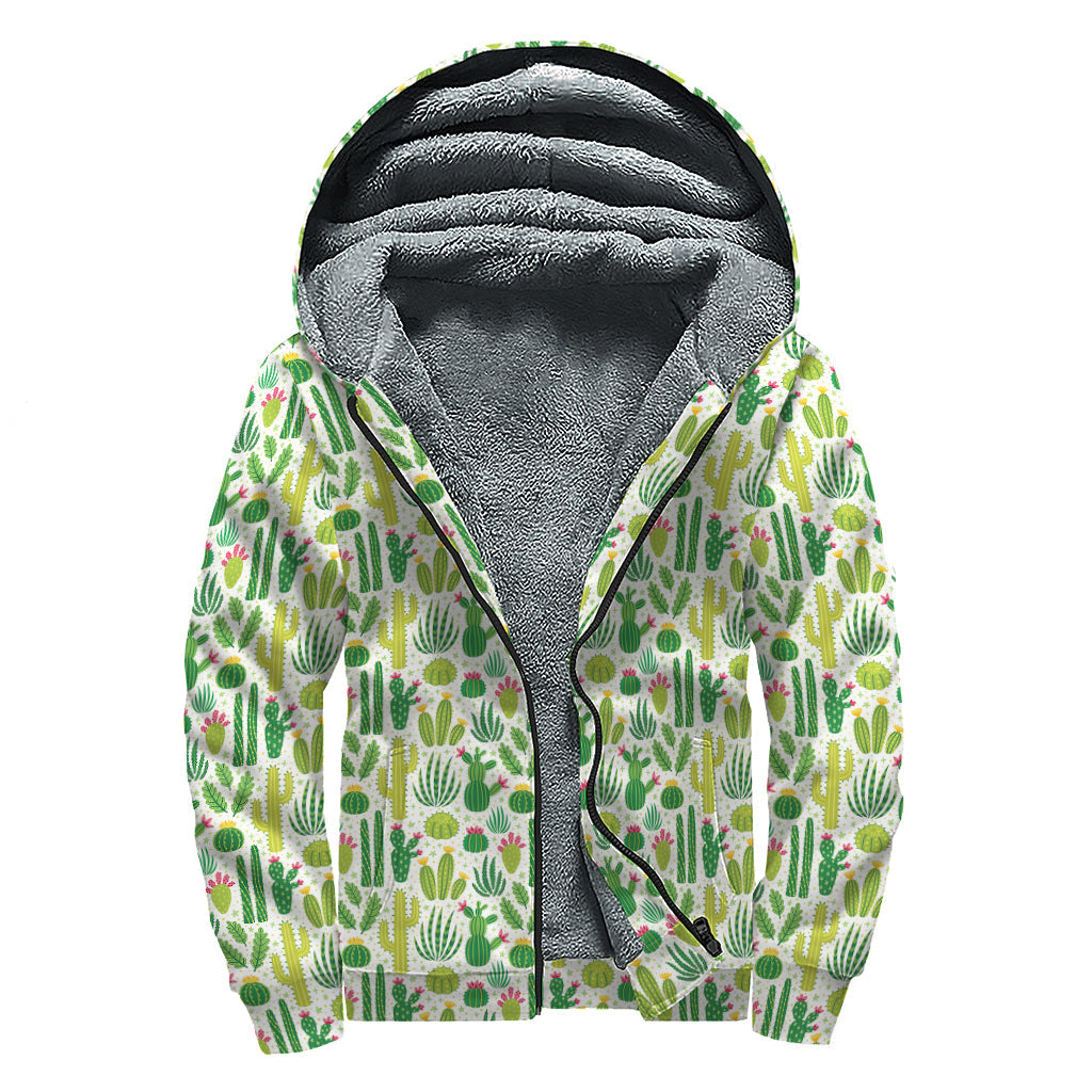 White Cactus Plant Pattern Print Sherpa Lined Zip Up Hoodie - Embrace Your Inner Hippie Style! - 1