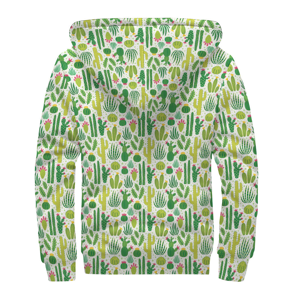 White Cactus Plant Pattern Print Sherpa Lined Zip Up Hoodie - Embrace Your Inner Hippie Style! - 2