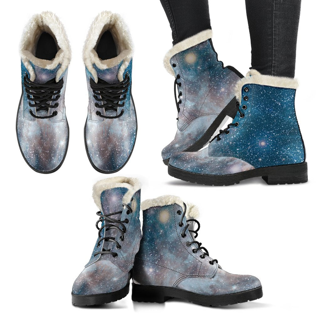 White Cloud Galaxy Space Print Faux Fur Leather Hippie Boots - 2