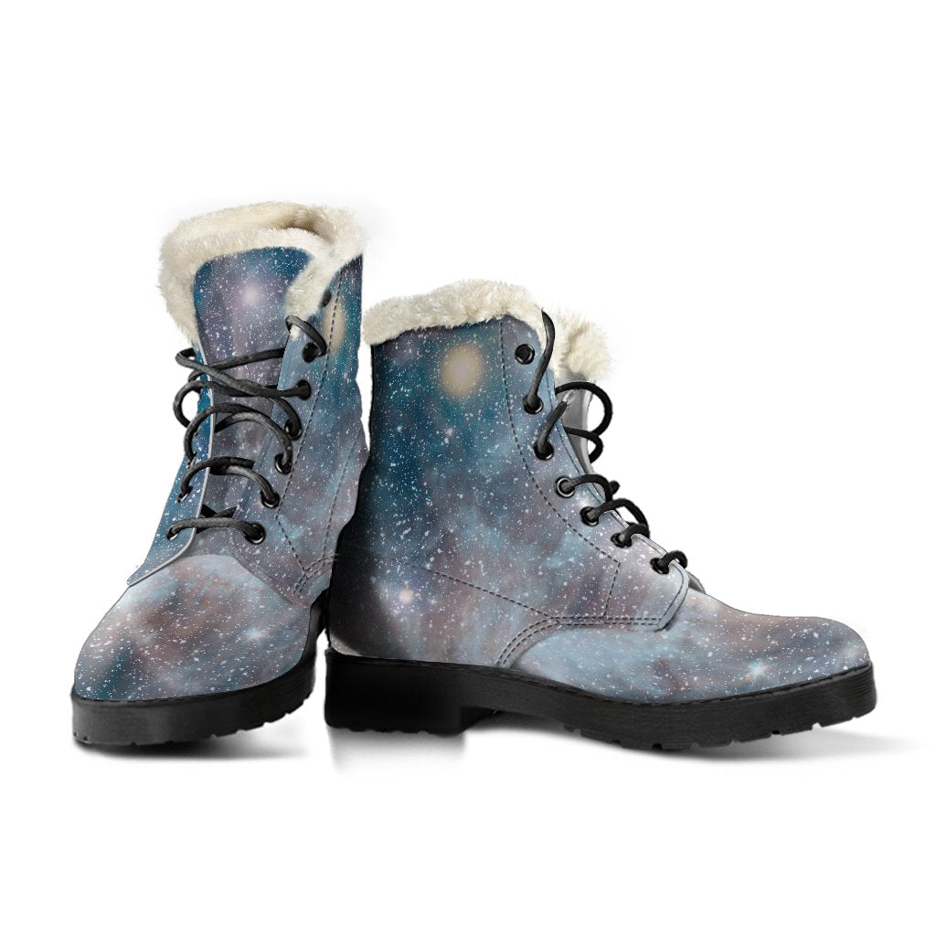 White Cloud Galaxy Space Print Faux Fur Leather Hippie Boots - 3