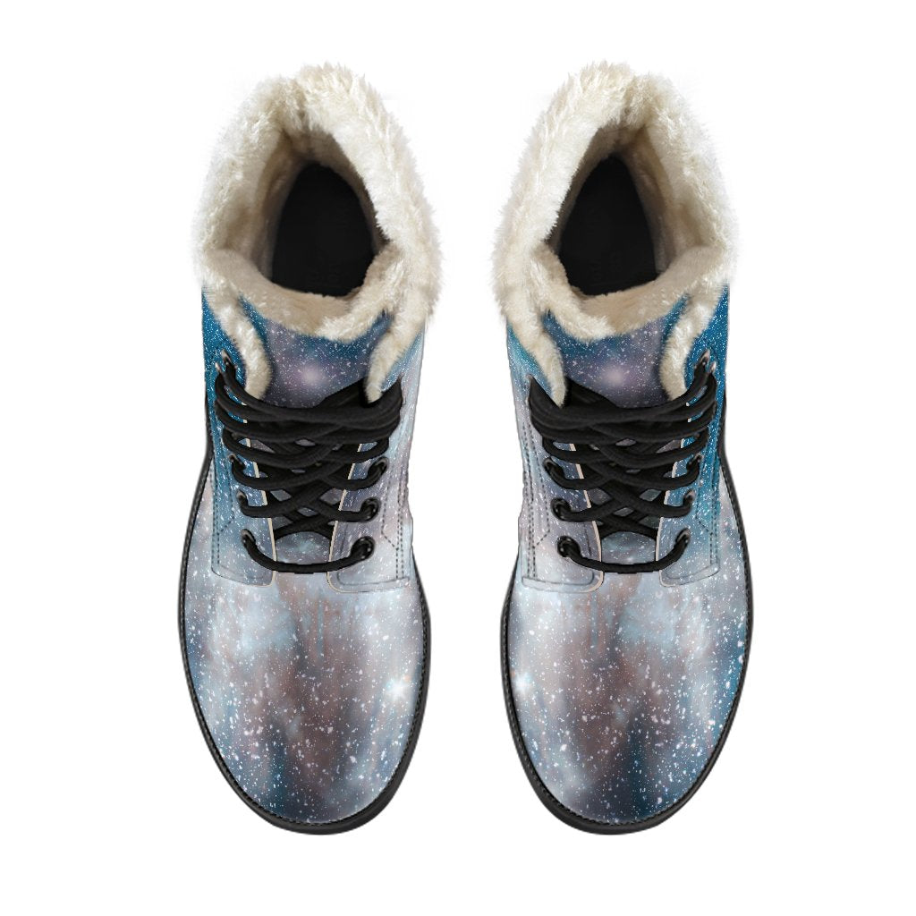 White Cloud Galaxy Space Print Faux Fur Leather Hippie Boots - 4