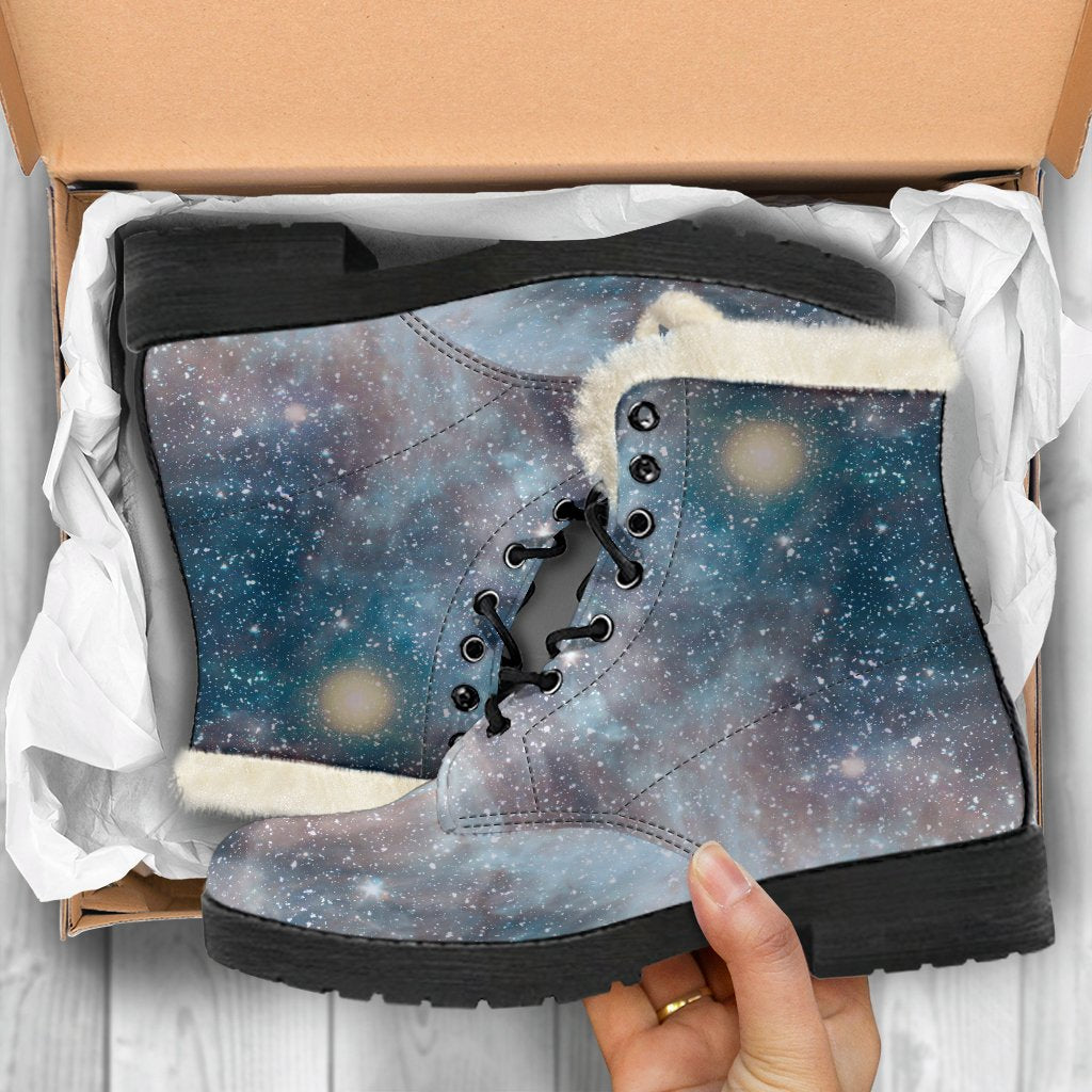 White Cloud Galaxy Space Print Faux Fur Leather Hippie Boots - 5