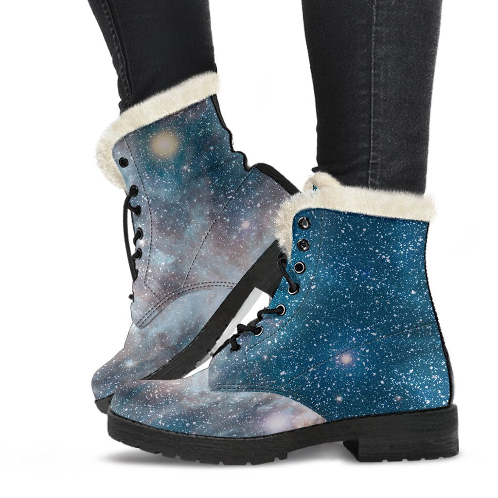 White Cloud Galaxy Space Print Faux Fur Leather Hippie Boots - 1