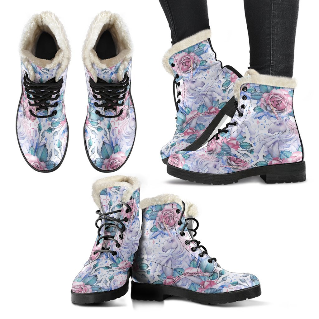 Groovy Vibes: White Fairy Rose Unicorn Pattern Faux Fur Leather Boots for Modern Hippies - 2