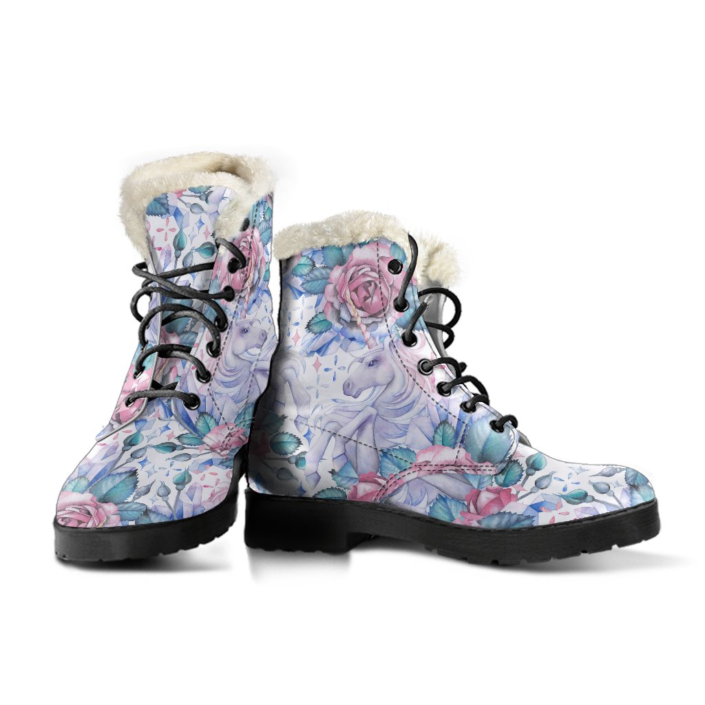 Groovy Vibes: White Fairy Rose Unicorn Pattern Faux Fur Leather Boots for Modern Hippies - 3