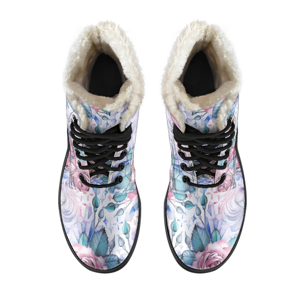 Groovy Vibes: White Fairy Rose Unicorn Pattern Faux Fur Leather Boots for Modern Hippies - 4