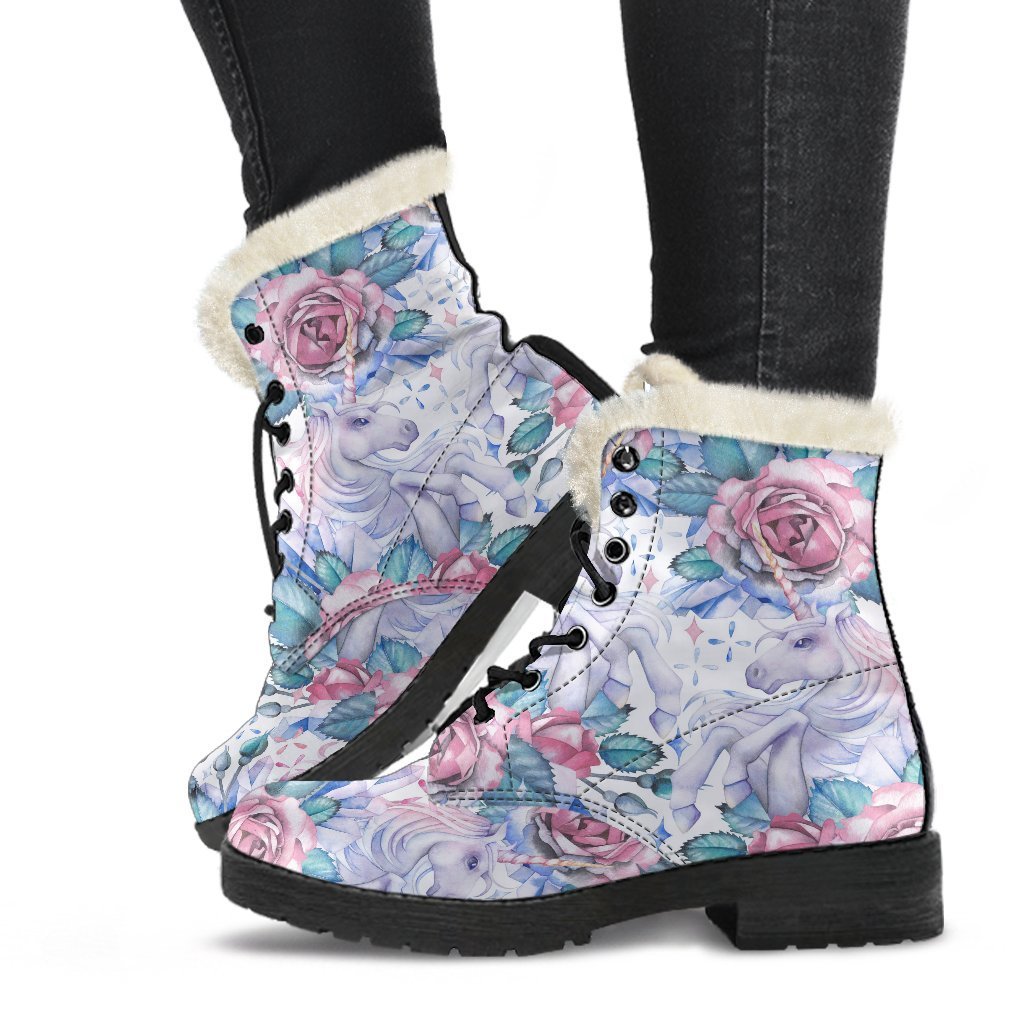 Groovy Vibes: White Fairy Rose Unicorn Pattern Faux Fur Leather Boots for Modern Hippies - 1