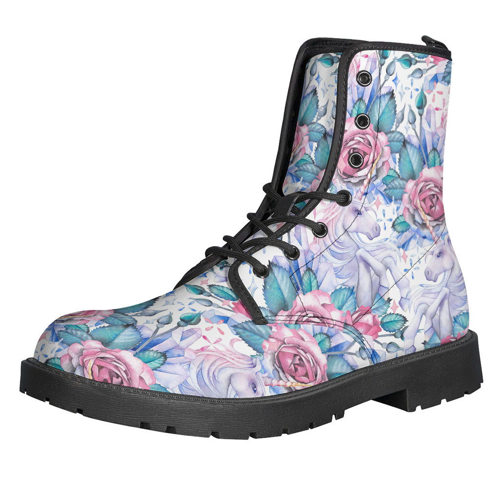 White Fairy Rose Unicorn Pattern Leather Boots for Hippies - 1