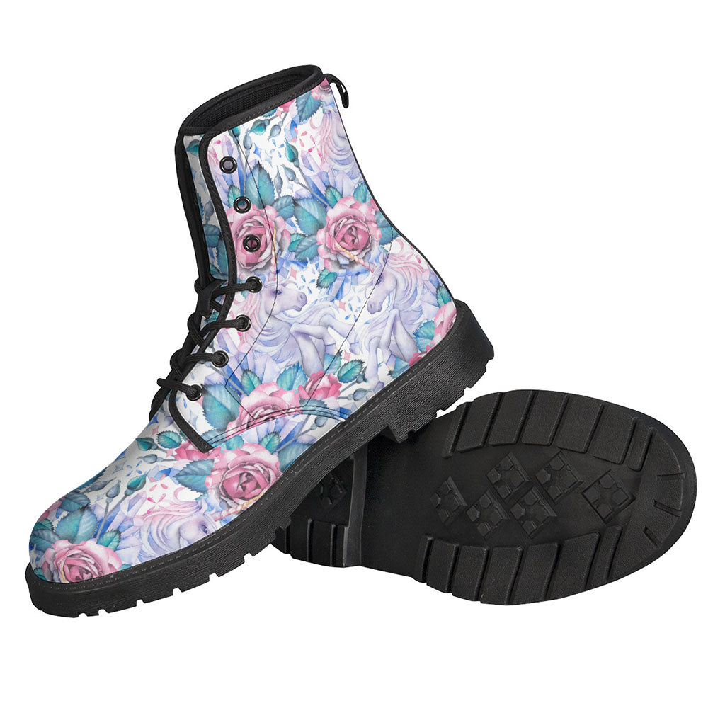 White Fairy Rose Unicorn Pattern Leather Boots for Hippies - 2