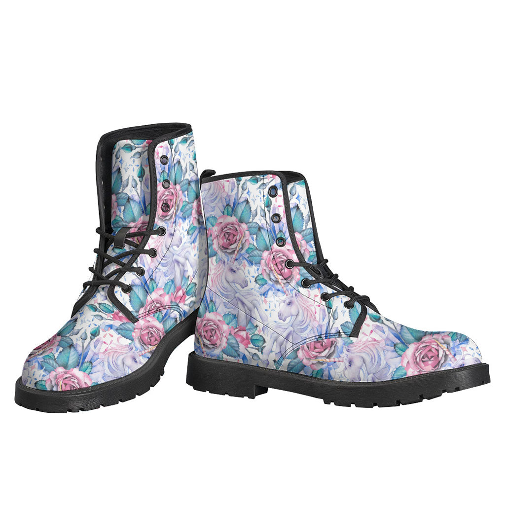 White Fairy Rose Unicorn Pattern Leather Boots for Hippies - 3