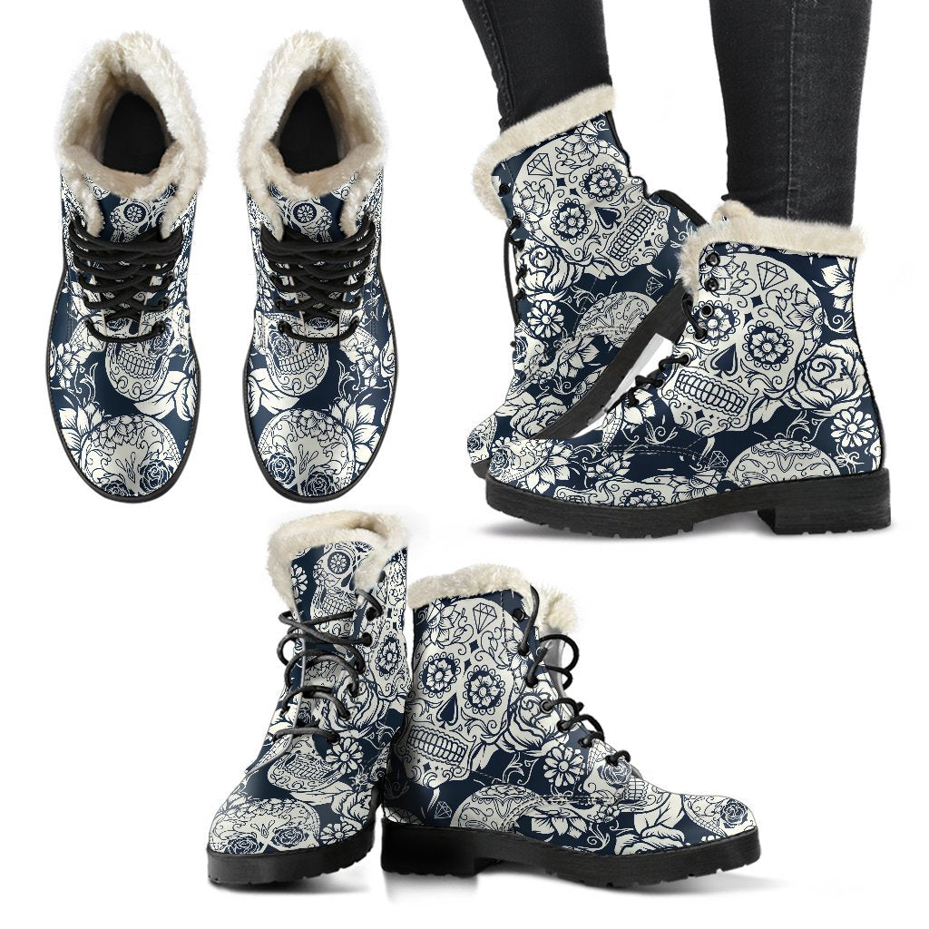 Groovy Floral Sugar Skull Faux Fur Leather Boots for Stylish Hippies - 2