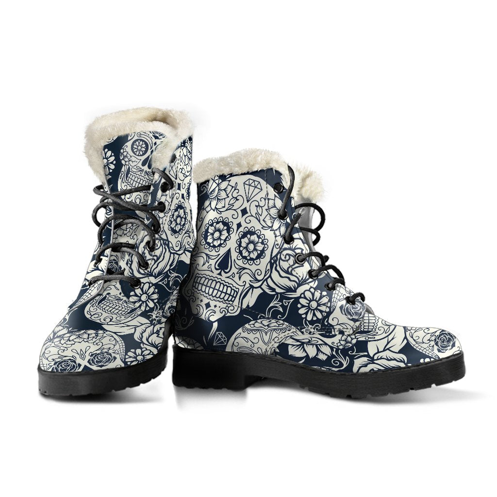 Groovy Floral Sugar Skull Faux Fur Leather Boots for Stylish Hippies - 3