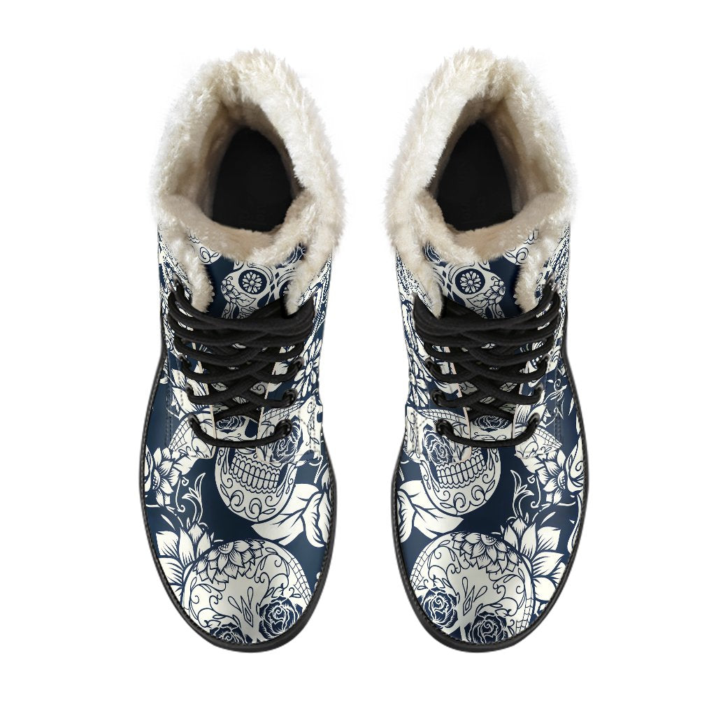 Groovy Floral Sugar Skull Faux Fur Leather Boots for Stylish Hippies - 4