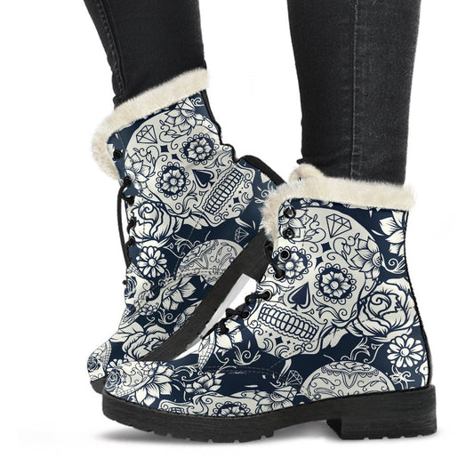 Groovy Floral Sugar Skull Faux Fur Leather Boots for Stylish Hippies - 1