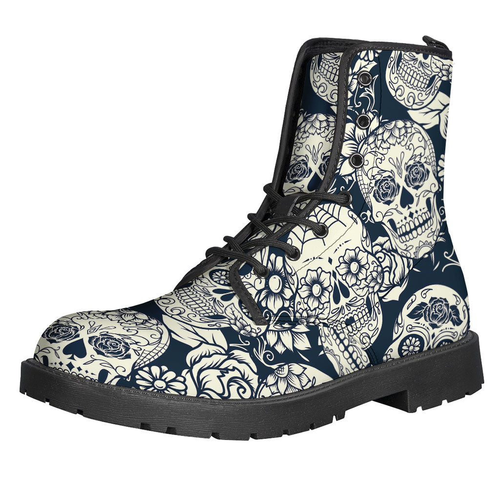 White Floral Sugar Skull Leather Boots for Groovy Hippies - 1